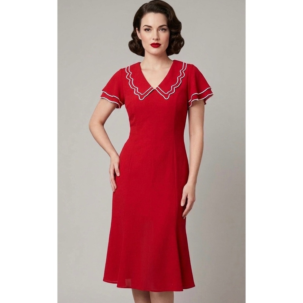 Melissa Collection Dress Womens 10 Red Vintage Scalloped Collar Flutter Sleeve